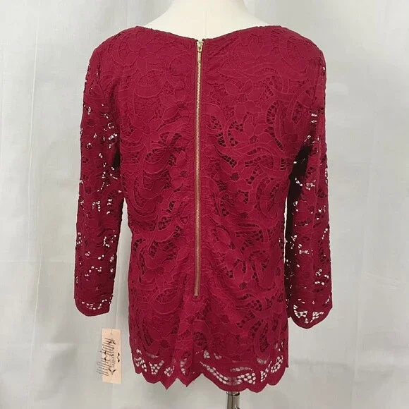 Nanette Lepore Burgundy Lace Blouse Top Shirt Sz Med NWT 3/4 Sleeve Lined - Picture 8 of 9